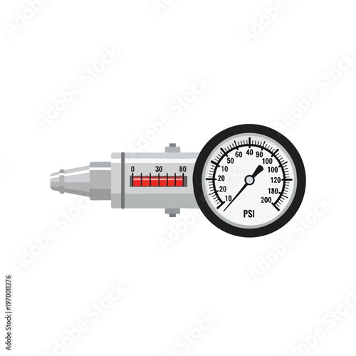 A gauge with a dial indicating pressure in PSI and a red indicator bar