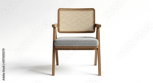 Elegant Wooden Chair with Woven Back and White Cushion on White Background.