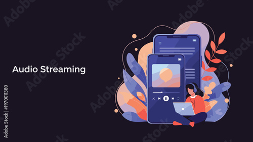 Modern illustration for audio streaming featuring a person sitting on the floor with a laptop next to large mobile phones.