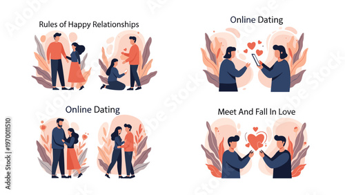 Set of four romantic banner designs for online dating and relationship advice featuring couples in various loving poses.