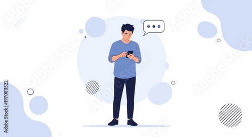 Man texting on smartphone with chat bubbles, modern abstract background