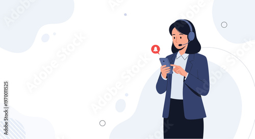Customer service operator with headset using smartphone, notification icon, modern abstract background