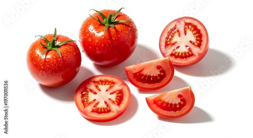 Fresh Red Tomatoes Whole and Sliced on White Background.