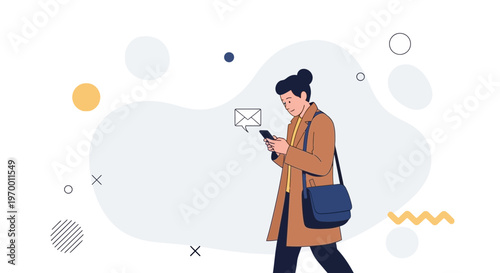 Person checking phone with email notification, walking with messenger bag, abstract background