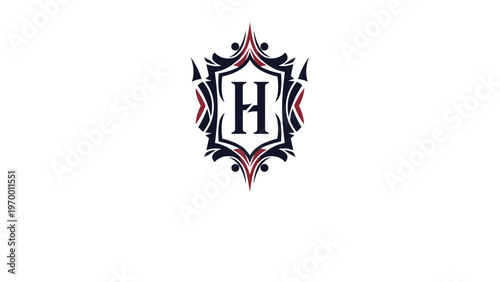Elegant heraldic crest featuring a stylized letter H inside a sophisticated shield frame with ornamental flourishes for premium branding.