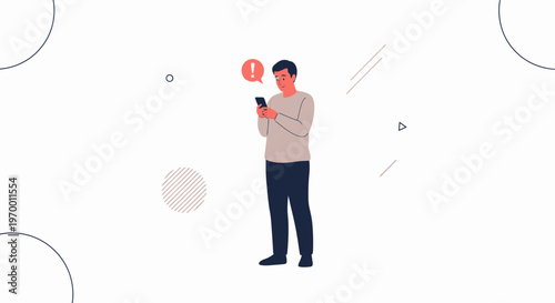 Man receives urgent notification on smartphone, feeling stressed or worried