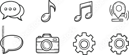 Versatile Hand-Drawn Doodle Icons Collection Representing Digital Concepts for Communication, Media, and Settings Applications