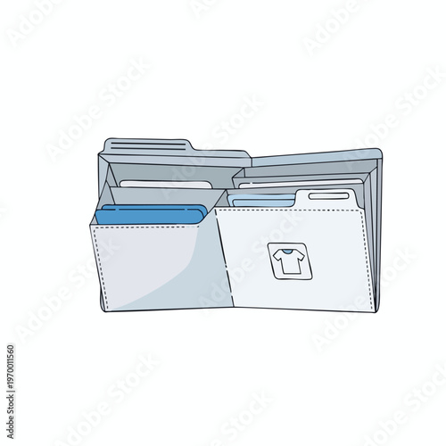 A light blue accordion file folder with tabs, compartments, and a t-shirt icon