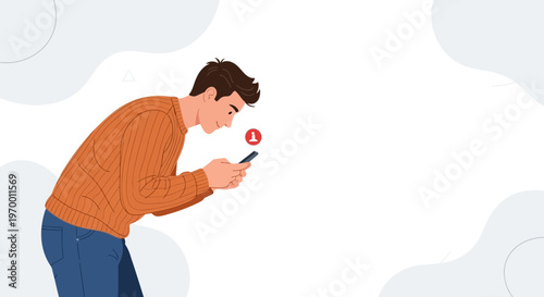 Young man engrossed in smartphone, notification alert, modern lifestyle, casual wear