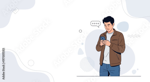 Man texting on smartphone, communication, connection, modern lifestyle, flat design