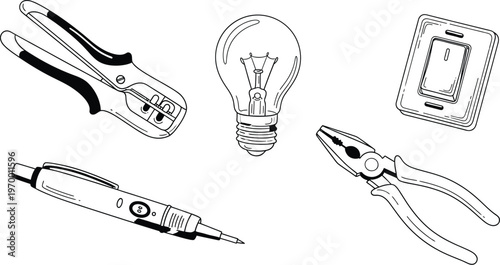 Set of electrical tools and supplies including a light bulb, switch, pliers, and wire stripper