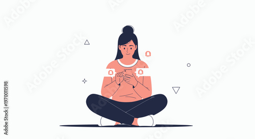 Woman Meditating with Notification Icons, Digital Detox Concept
