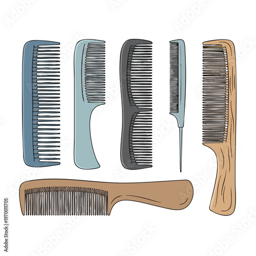 Six diverse combs, in various colors and styles, are arranged on a white background