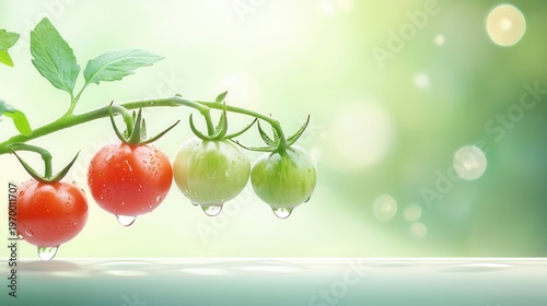 Ripe red tomato and young green tomato on a vine with fresh water droplets, organic garden promoting produce