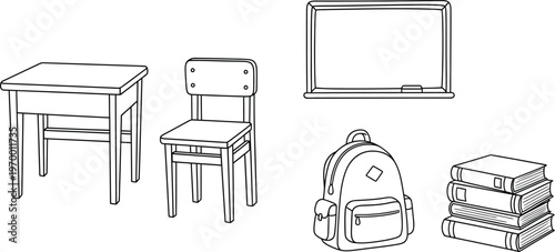Hand-drawn illustration of a desk and chair next to a backpack and a stack of books with a whiteboard above