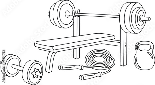 Workout equipment for a home gym, including a weight bench, dumbbells, barbell, and jump rope