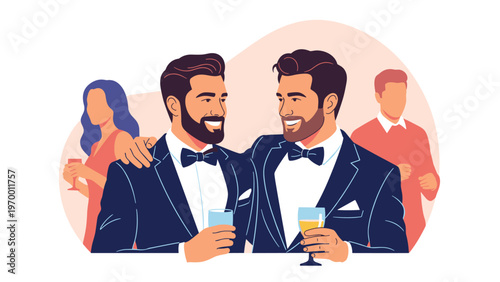 Diverse group of friends wearing formal suits and dresses enjoying a celebratory social event with drinks in a vibrant flat vector scene.