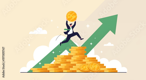 Financial Growth and Investment Success - Businessman Jumping Over Gold Coins with Upward Arrow Symbolizing Business Profit and Economic Progress