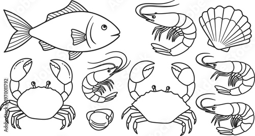 Collection of Outline Hand-Drawn Seafood Delicacies Fresh Fish, Shrimp, Crab, and Shellfish for Culinary Themes and Healthy Recipes