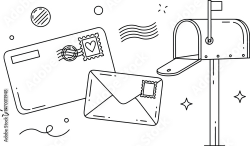 Mailbox and Envelopes with Stamps Illustration