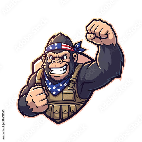 Angry gorilla with bandana and tactical vest in heroic pose