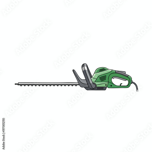 Green electric hedge trimmer with long, toothed blades and ergonomic handle