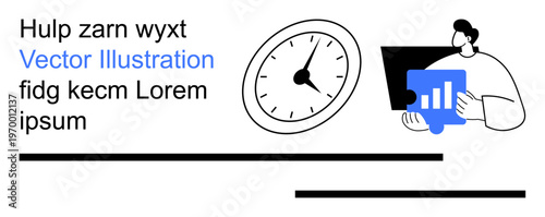 Time tracking, productivity tools, workflow optimization, data analysis, corporate management, decision-making. Clock next to person analyzing data and charts. Time tracking and productivity tools