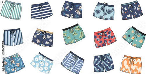 Men swim shorts collection with tropical patterns stripes and prints summer beachwear vector illustration isolated on white background