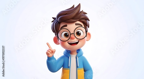 Smiling 3D Cartoon Boy with Glasses Pointing Upwards on White Background.