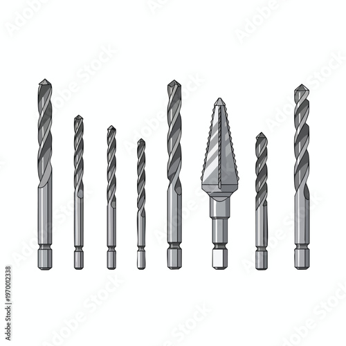 Collection of various metal drill bits and a cone-shaped reamer on a white background