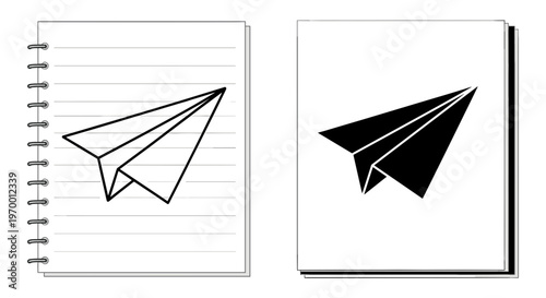 Minimalist paper plane vector icons, hand drawn paper airplane sketch on lined notebook page, black silhouette flight symbol for business startup