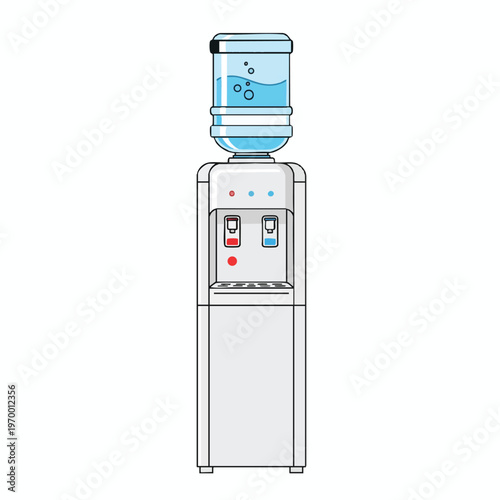 A white water cooler with a blue water bottle on top, and two spigots