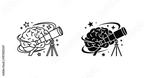 Minimalist brain and telescope icons, creative vision and mental exploration concept, black and white line art of human brain with astronomical telescope