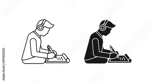 Minimalist student writing icon set, boy with headphones studying and taking notes vector, black and white education line art and silhouette