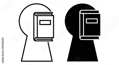 Minimalist keyhole head with book icon, conceptual education and knowledge symbol, black and white vector illustration for learning and wisdom