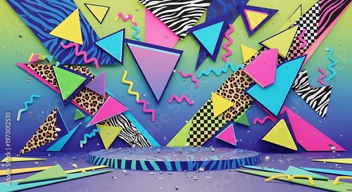 Vibrant 90s Retro Stage with Geometric Shapes and Animal Prints.