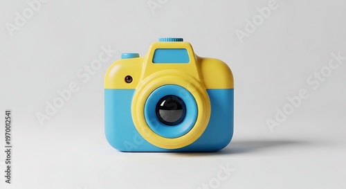 Vibrant Blue and Yellow Toy Camera on a Clean White Background.