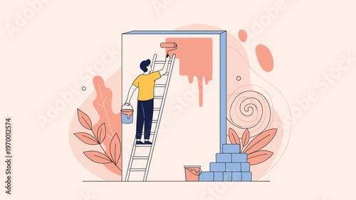 Handyman standing on a ladder and using a roller to paint a large wall in a soft pink tone for home renovation and interior design projects.