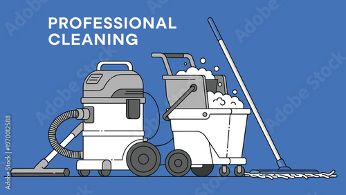 Collection of professional cleaning equipment including a vacuum cleaner, mop, and bucket with soapy water for high quality sanitation.