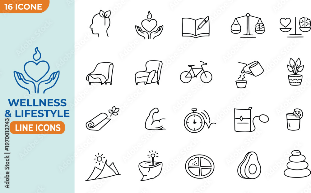 Naklejka premium wellness and healthy lifestyle outline vector icon set.