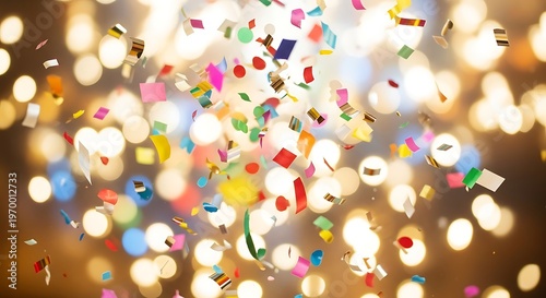 Vibrant confetti falling with sparkling bokeh lights celebrating a festive moment.