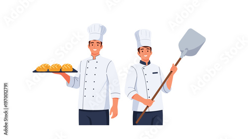 Pair of professional chefs in white uniforms presenting freshly baked rolls on a tray and holding a pizza peel for a traditional bakery.
