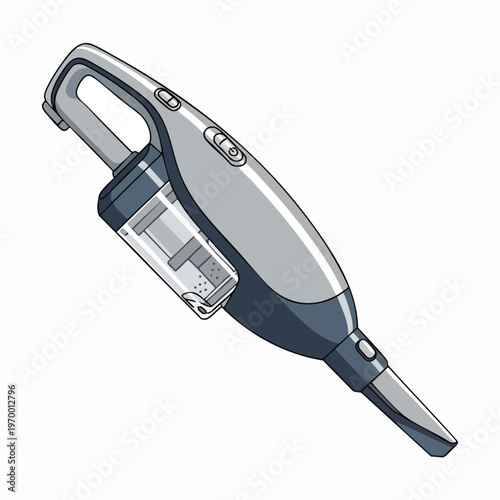 A sleek, portable handheld vacuum cleaner with a transparent dustbin and grey and blue accents