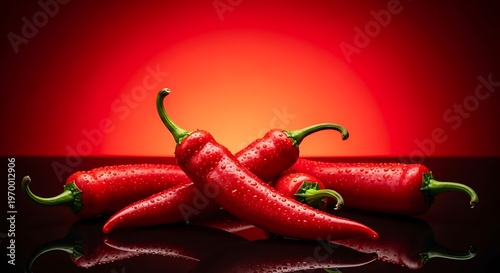 Vibrant Red Chili Peppers with Water Droplets on a Reflective Surface.