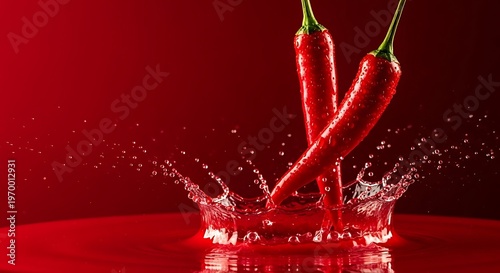 Vibrant Red Chili Peppers Splashing into Water with Dynamic Droplets.