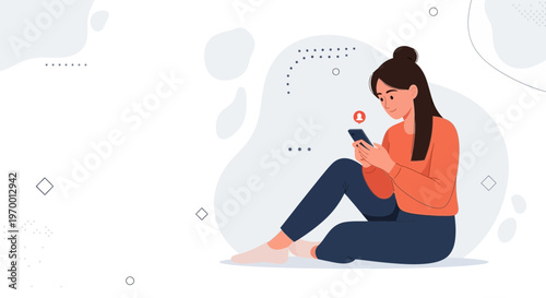 Young Woman Sitting on Floor Using Smartphone, Notification Icon Above Head