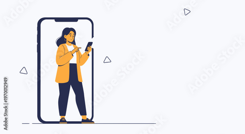 Woman Using Smartphone Inside Giant Phone Screen, Digital Technology Concept