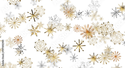 Elegant winter background with detailed golden and silver snowflakes on white.