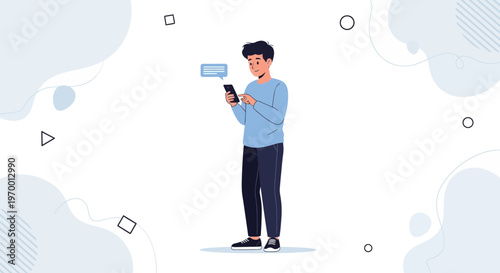 Young Man Texting on Smartphone with Chat Bubble, Modern Flat Illustration