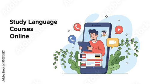 Educational banner for online study language courses featuring a student using a smartphone app to learn diverse foreign languages at home.